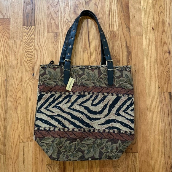 Vintage Naturalizer Leaves Pattern Large Tote Bag Purse Embroidered Tan Gold - Picture 1 of 9